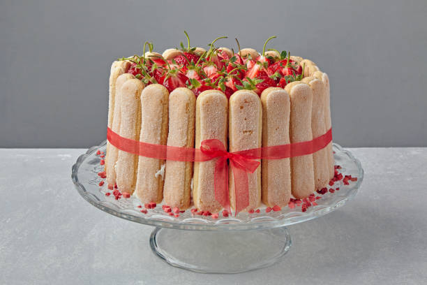Cake dessert with strawberries, savoiardi cookies and mascarpone tied with a red ribbon Cake dessert with strawberries, savoiardi cookies and mascarpone tied with a red ribbon on a gray concrete table yogurt fruit biscotti berry fruit stock pictures, royalty-free photos & images