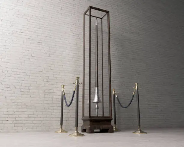 A concept showing an upright medieval lance on display in a wood and glass display cabinet surrounded by barrier rope in a light museum setting  - 3D render