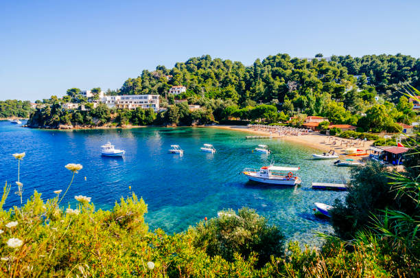 playa de troulos, isla de skiathos, grecia. hermosa vista panorámica vívida de la costa azul del mar egeo desde un acantilado salvaje.  tour de vacaciones de verano a las islas griegas. - sky sea town looking at view fotografías e imágenes de stock