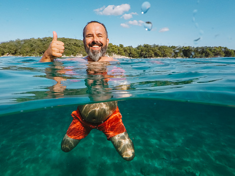 Happy bearded man with head above the water surface looking at camera and smiling, showing thumbs up and enjoying summer at the seaside, taken with wearable waterproof camera