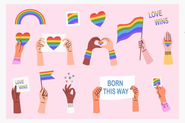 A set of elements of LGBT symbols. Hands holding flags, posters and hearts in the colors of the LGBT flag. Month of pride, rainbow, love wins. Flat vector illustration A set of elements of LGBT symbols. Hands holding flags, posters and hearts in the colors of the LGBT flag. Month of pride, rainbow, love wins. Flat vector illustration lesbian flag stock illustrations
