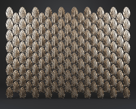 An exotic offset pattern created by gold delicious monster monstera leaves on a dark background - 3D render