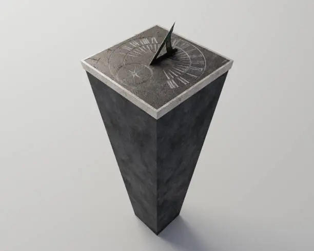 A square stone sundial with etched roman numerals standing an a monolithic rock base on an isolated studio background - 3D render