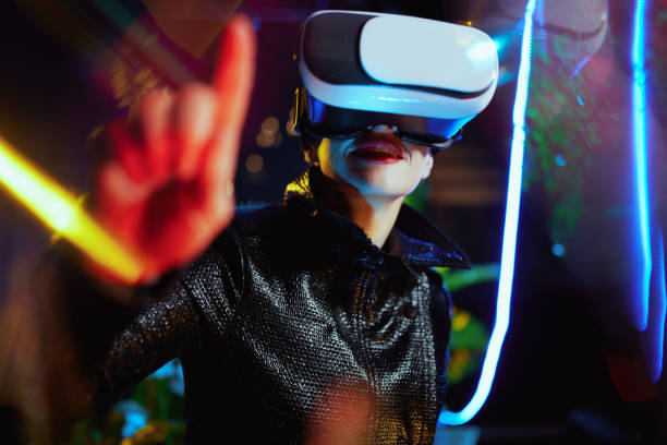 istock modern female in virtual reality pressing button in air 1402853173