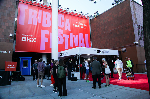 NEW YORK, NY, USA - JUNE 9, 2022: Atmosphere at entrance to Tribeca Film Festival at BMCC Tribeca Performing Arts Center