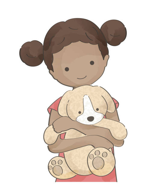 ilustrações, clipart, desenhos animados e ícones de garota fofa de aquarela abraçando um animal de pelúcia. ilustração vetorial. - cão miniatura