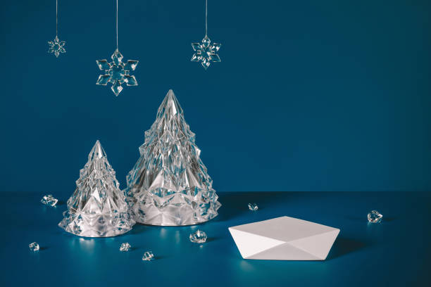 istock polygonal podium and Christmas snowflakes on blue background 1402854517