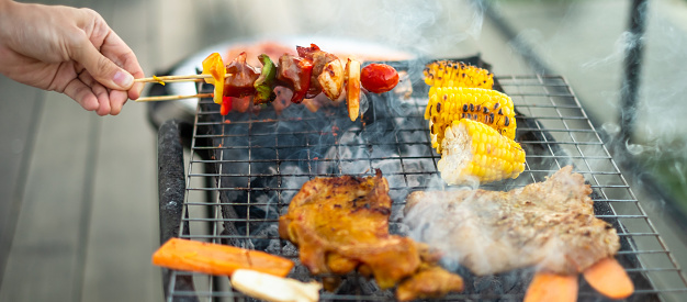 delicious grilled meat with smoke, BBQ with vegetables in outdoor. Barbecue, Party, lifestyle and picnic concept