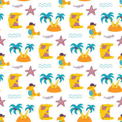Vector seamless pattern with pirate parrot, an island, treasure map on white background