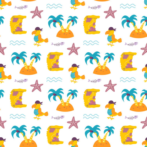 Vector seamless pattern with pirate parrot, an island, treasure map on white background Vector seamless pattern with pirate parrot, an island, treasure map on white background. treasure island map stock illustrations