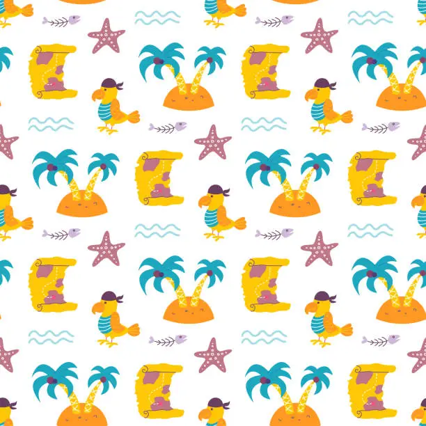 Vector illustration of Vector seamless pattern with pirate parrot, an island, treasure map on white background