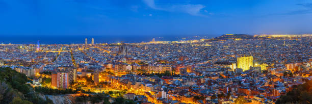 istock Barcelona Spain, high angle view night panorama city skyline view from Bunkers del Carmel 1402856479