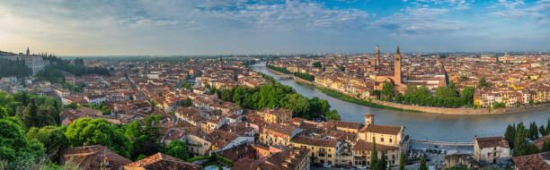 Verona Italy, high angle view panorama city skyline at Adige river stock photo
