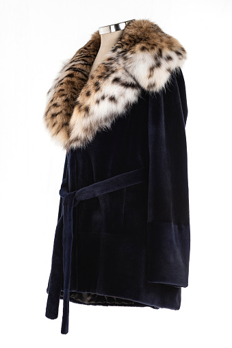 Expensive fur coats collection on a mannequin. Woman coats on white background.