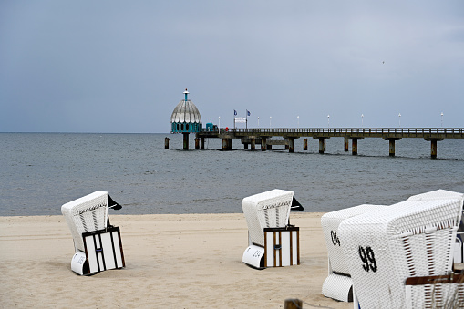 Zinnowitz, Germany, May 13, 2022 - The pier in Zinnowitz with diving bell on Usedom