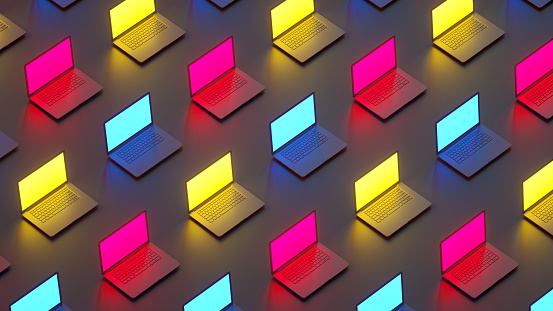 3d rendering of laptop empty neon lighting screen display minimal technology background