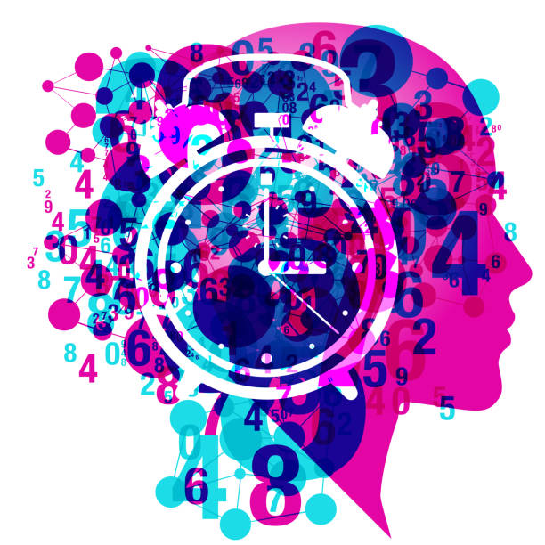 Time Pressures - Right Facing Pink Person A right facing female profile overlaid with various sized numbers and linked circular grids. A large white translucent classic alarm clock icon is placed centrally. patience stock illustrations