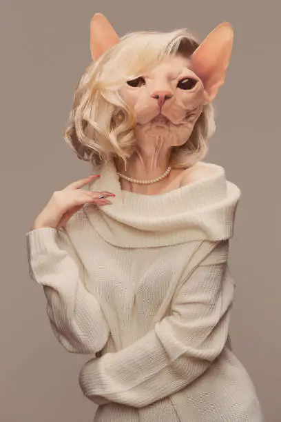 Lady. Elegant female model wearing in retro style outfit headed by sphinx cat head isolated on grey background. Comparison of art, surrealism, beauty and creativity, ad. Contemporary collage.