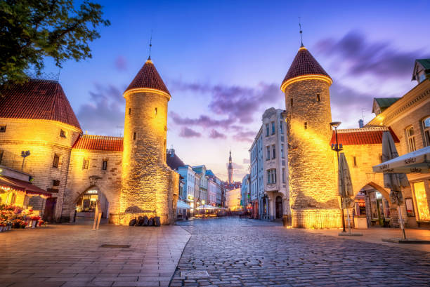 porta di viru con il municipio di tallinn sullo sfondo - tallinn, estonia - tallinn foto e immagini stock