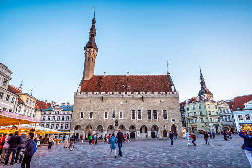 Tallinn, Estonia - August 5, 2019: The Tallinn Town Hall (Estonian: Tallinna raekoda) is a building in the Old Town, next to the Town Hall Square. It is the oldest town hall in the whole of the Baltic region and Scandinavia.