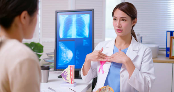 breast cancer concept attractive young brunette ponytail female asian doctor wear white coat with pink ribbon explaining breast self examination to woman at clinic - a model and xray display breast cancer awareness stock pictures, royalty-free photos & images