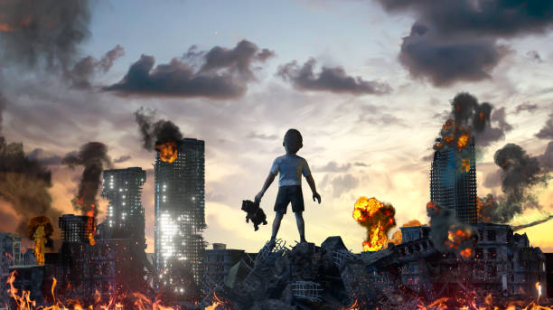 un niño entre las ruinas de una ciudad destruida por la guerra como símbolo de las víctimas de la guerra 3d render - war crimes fotografías e imágenes de stock