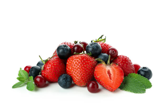 istock Delicious berry mix isolated on white background 1402869184