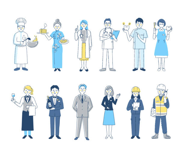 ilustrações de stock, clip art, desenhos animados e ícones de a set of 12 men and women from various professions - various occupations illustrations