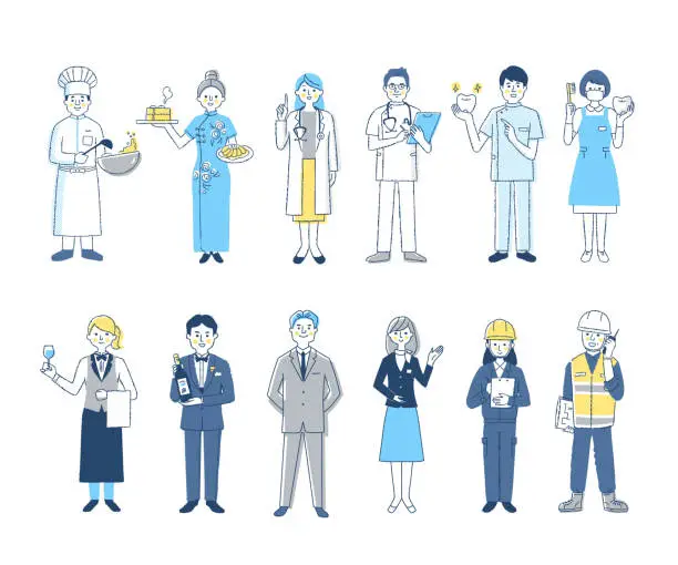 Vector illustration of A set of 12 men and women from various professions