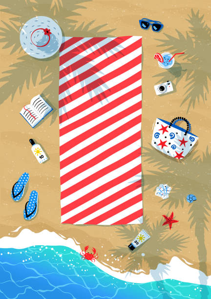 Summer vector illustration of beach mat and seaside accessories Summer vector illustration of beach mat and seaside accessories on sand background and sea surf. beach mat stock illustrations