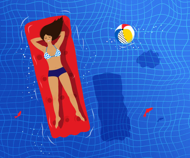 illustrazioni stock, clip art, cartoni animati e icone di tendenza di illustrazione vettoriale di giovane donna che galleggia sulla zattera della piscina - inflatable raft illustrations