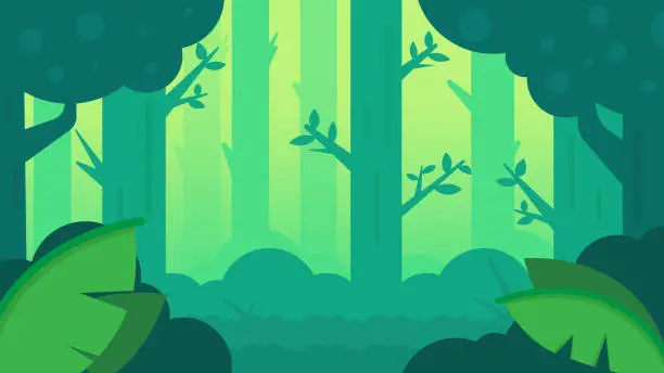 Vector illustration of Deep forest scene with mist.