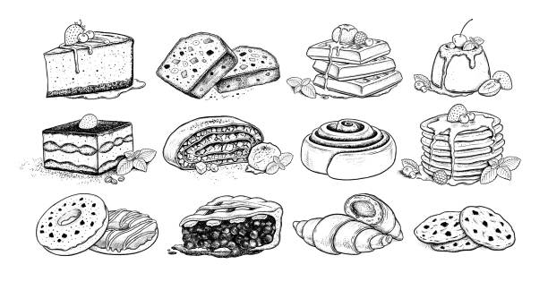 ilustrações de stock, clip art, desenhos animados e ícones de sketch illustrations set of desserts and bakery products - creme cozinhado