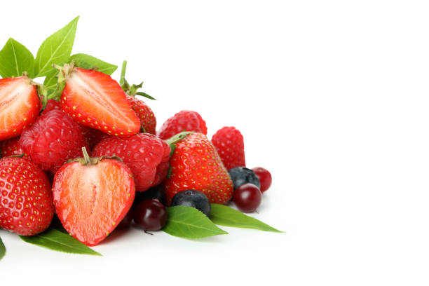 istock Delicious berry mix isolated on white background 1402872345