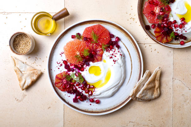 istock Labneh middle eastern lebanese cream cheese dip. Labneh with grapefruit,  roasted beetroot, pomegranate, fennel, sumac. 1402872402