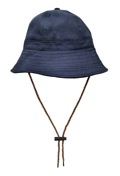 istock A blue bucket hat with a rope hanging isolated on white. 1402872415