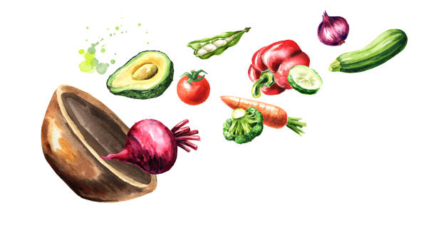 istock Bowl with vegan fresh vegetables. Hand drawn watercolor illustration isolated on white background 1402873288
