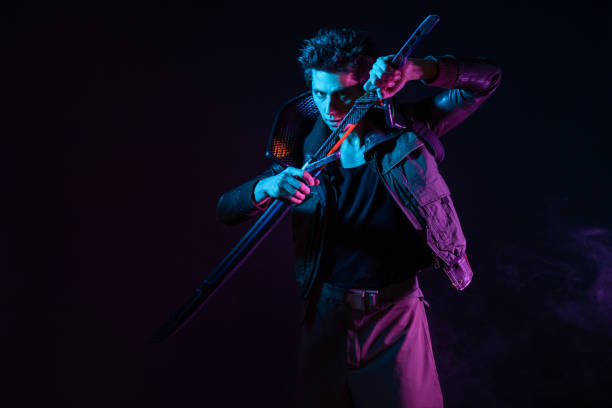 istock A guy in a cyberpunk image, holding a tuned katana in his hands. 1402873988