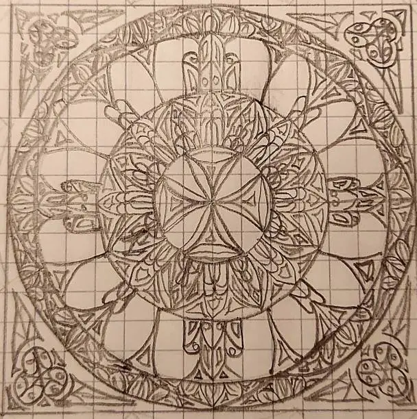 handcrafted pencil art of a curch window