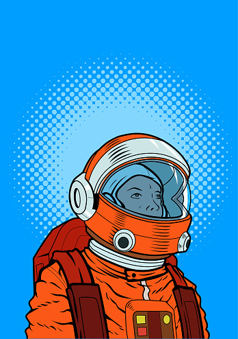 A retro pop art style vector illustration of an astronaut in close up with half tone background. Easy to grab and edit. Wide space available for your text or copy.