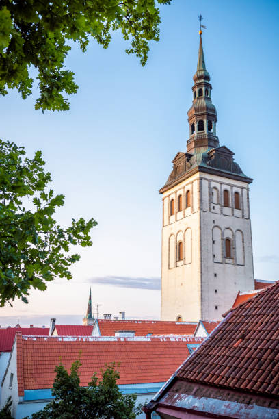 Tallinn cityscape with St. Nicholas' Church. Estonia at sunset. Estonia