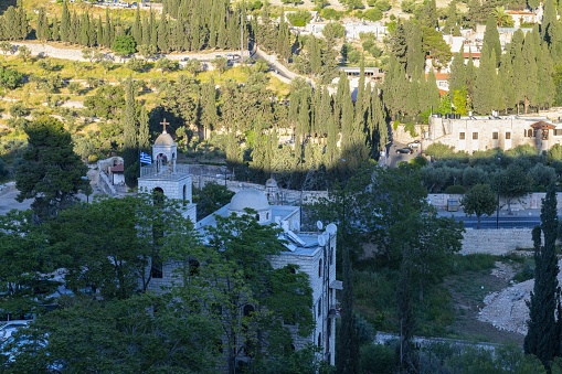 East Jerusalem, Palestine, May 3, 2019: View of the Greek Orthodox Church and Monastery of St. Stephen in the Kidron valley between the Old Town and the Mount of Olives.