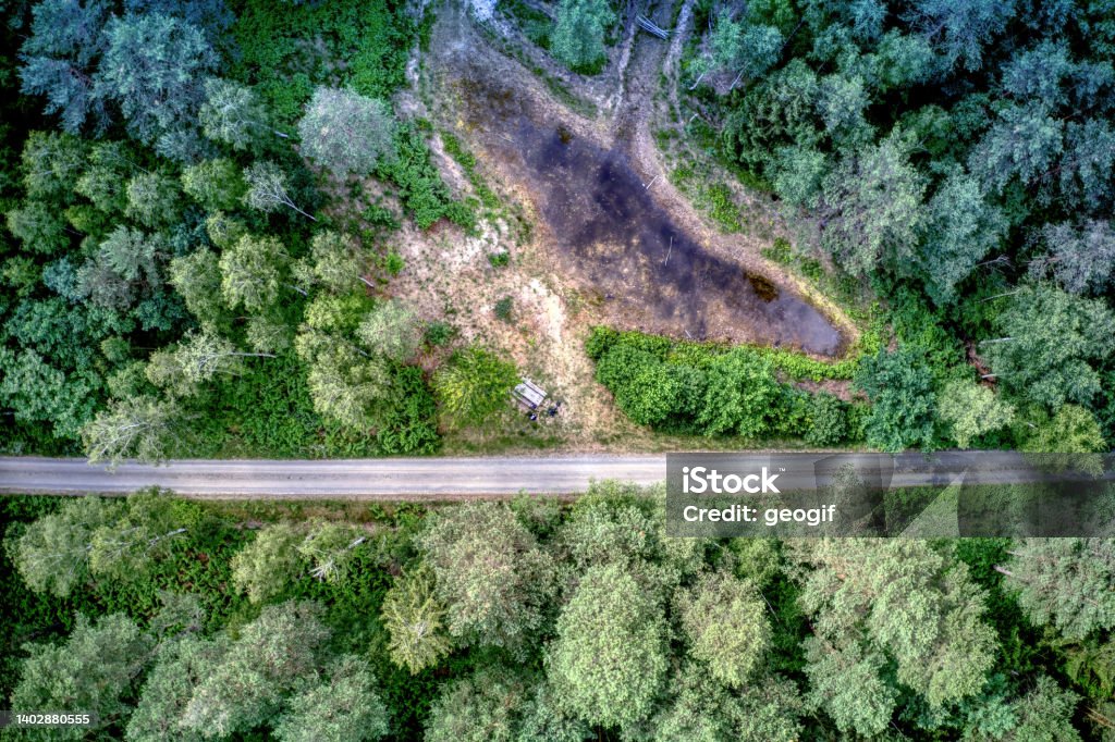 Abstract aerial view of forest path between trees next to pond Arial Typeface Stock Photo