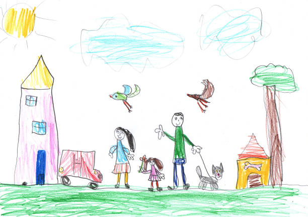 illustrations, cliparts, dessins animés et icônes de dessin d’enfant d’une famille heureuse lors d’une promenade à l’extérieur avec un chien - childs drawing child preschool crayon