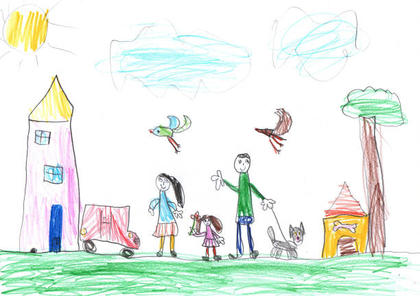 ilustrações de stock, clip art, desenhos animados e ícones de child drawing of a happy family on a walk outdoors with a dog - drawing child childs drawing family
