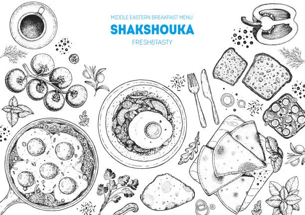 Vector illustration of Shakshouka cooking and ingredients for shakshouka, sketch illustration. Israeli breakfast. Arabic cuisine frame. Breakfast menu design elements. Shakshuka, hand drawn frame. Middle eastern food.