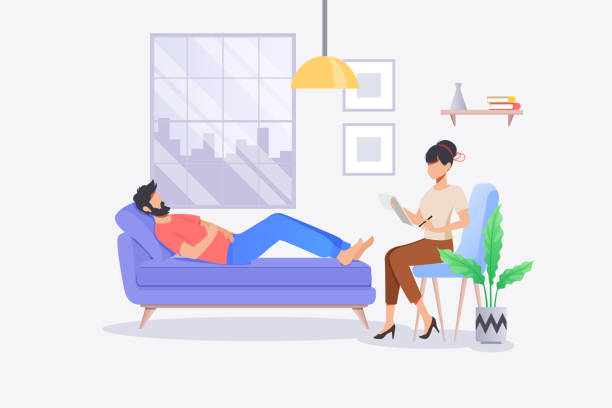 ilustrações de stock, clip art, desenhos animados e ícones de psychotherapy practice in therapist office with patient on sofa. cartoon illustration of psychology therapy counseling. woman sitting and talking with patient - psychiatrists couch