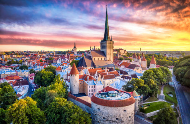 tallinn old town fette margaret turm bei sonnenuntergang. estland - old town stock-fotos und bilder