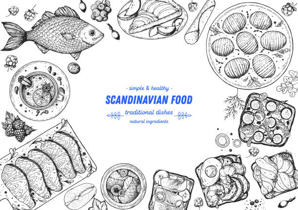 Scandinavian cuisine top view frame. Smorgasbord illustration. A set of Scandinavian dishes . Food menu design template. Vintage hand drawn sketch vector illustration. Engraved image Scandinavian cuisine top view frame. Smorgasbord illustration. A set of Scandinavian dishes . Food menu design template. Vintage hand drawn sketch vector illustration. Engraved image alev stock illustrations