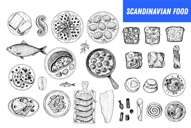 illustrations, cliparts, dessins animés et icônes de cuisine scandinave vue de dessus. illustration du smorgasbord. un ensemble de plats scandinaves. modèle de conception de menu alimentaire. illustration vectorielle de croquis vintage dessinée à la main. image gravée - wine food fish seafood